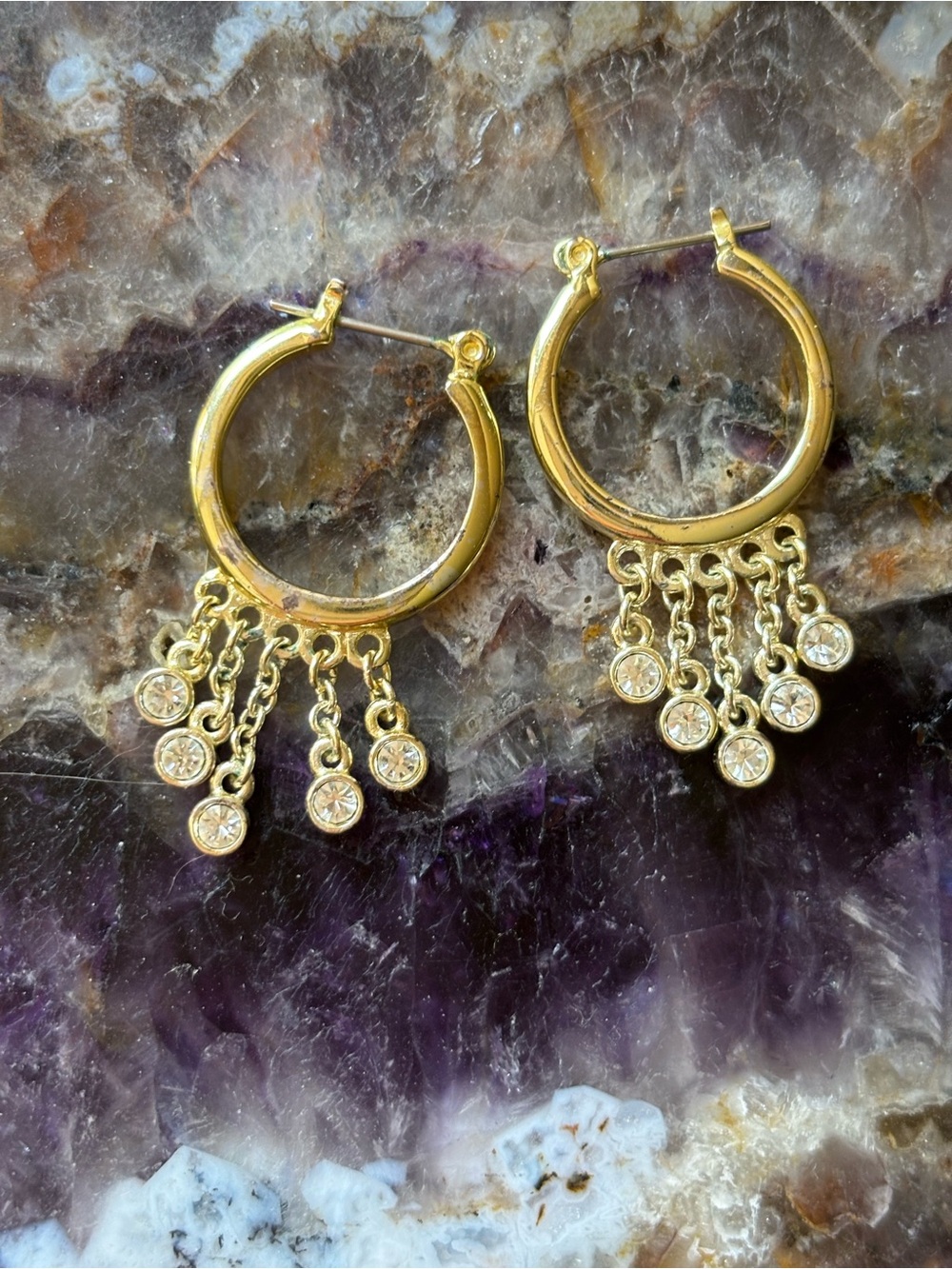Gold Hoop Dangle Earrings with Crystal Drops